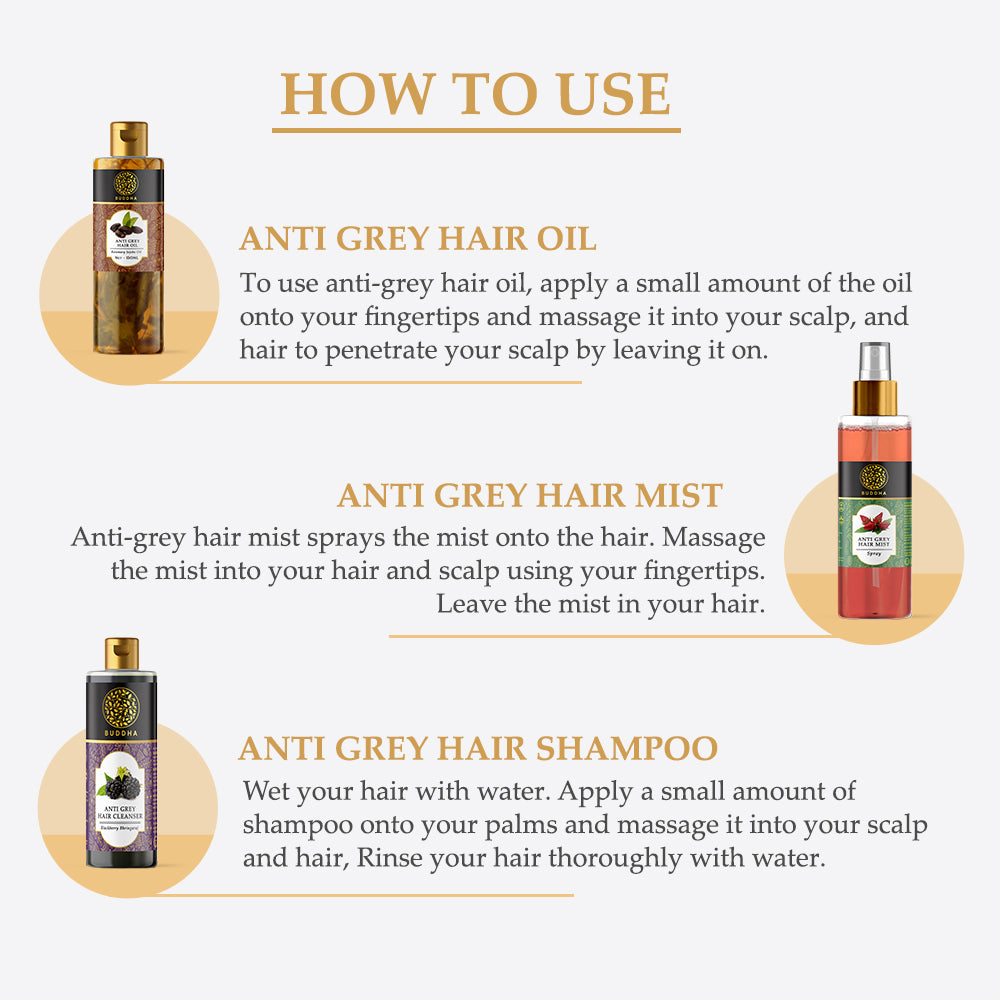 buddha natural Anti Grey Hair Combo (Hair oil, Shampoo, Spray Mist) - how to use - black and white hair spray
