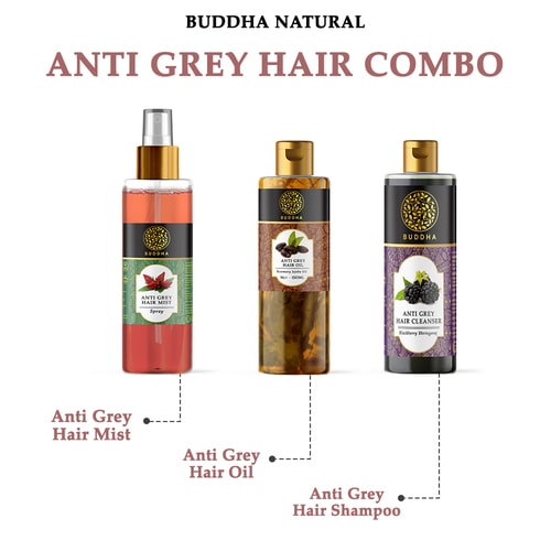 buddha natural Anti Grey Hair Combo (Hair oil, Shampoo, Spray Mist) - consist of - black spray for white hair - 