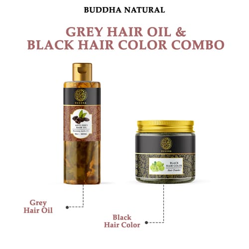Buddha Natural - Anti Grey Hair Oil & Black Hair Color Powder  - Combo