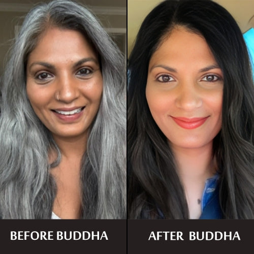 Buddha grey hair oil & shampoo before & after