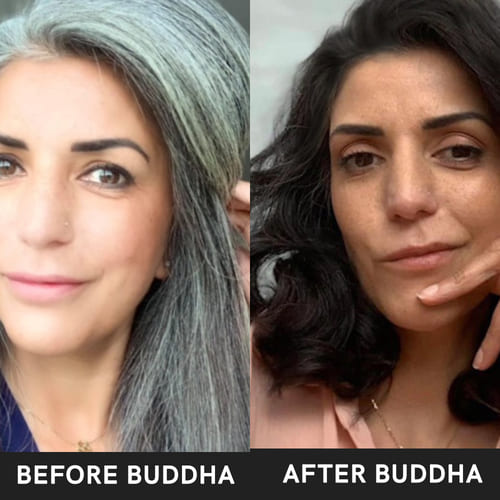 buddha natural grey hair oil and shampoo comb before after image