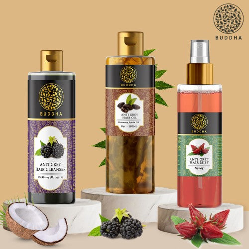 buddha natural Anti Grey Hair Combo (Hair oil, Shampoo, Spray Mist)