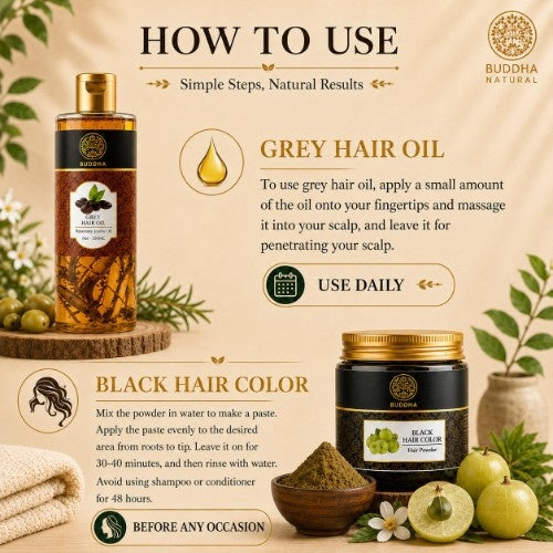 How to Use Anti Grey Hair Oil & Black Hair Color Powder Combo
