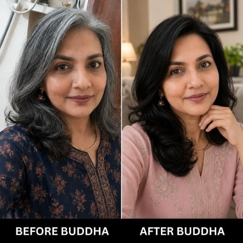Radhika before and after image of using Buddha Natural Anti Grey Hair oil & Anti Grey Hair Shampoo Combo
