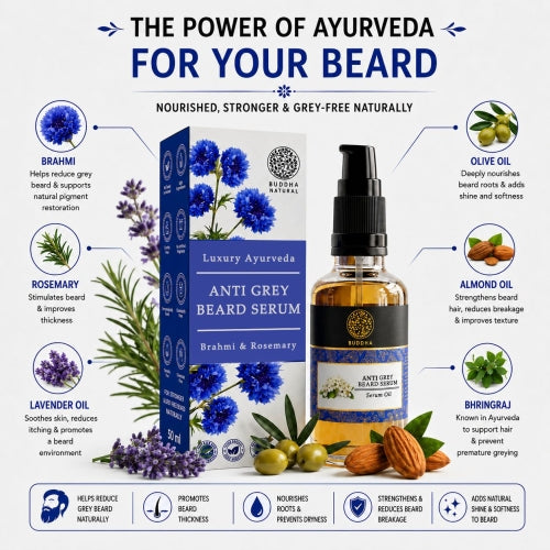 Luxury Ayurveda Anti Grey Beard Serum with ingredients and benefits displayed.