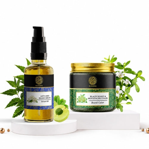 Buddha Natural Grey Beard Serum + Black Beard Moustache Color Combo Pack 