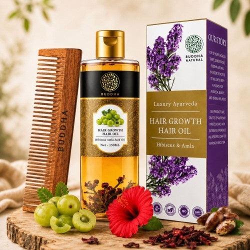 Buddha Natural Hair Regrowth Oil with Dual Tooth Neem Comb 