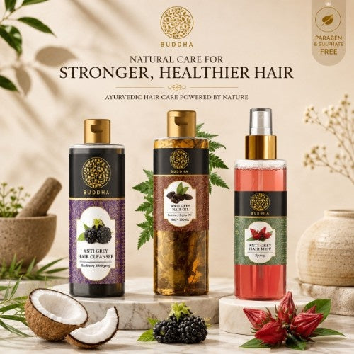 Buddha Natural Anti Grey Hair Shampoo with Anti Grey hair Oil and Anti Grey Hair Mist 