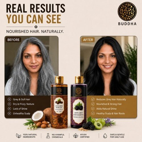 Buddha Natural -Anti Grey Hair Oil &  Shampoo Combo - Before & After Image