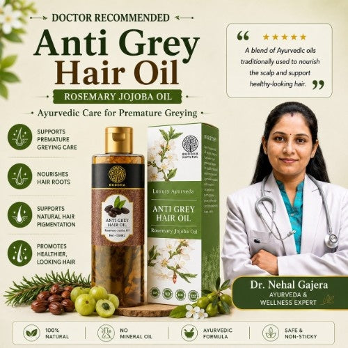 Dr. Nehal Gajera approval for Buddha Natural Anti Grey Hair Oil