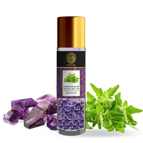 Headache Relief Amethyst Crystal Stone Infused Essential Oils Roll-On - 100% Ayush Certified - Helps with Headaches and Discomfort - Original Authentic Amethyst