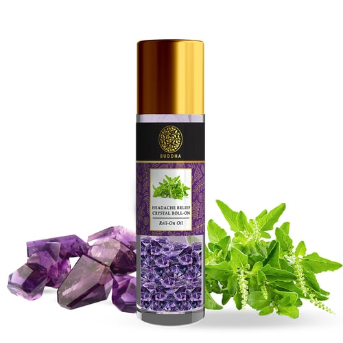 Headache Relief Amethyst Crystal Stone Infused Essential Oils Roll-On - 100% Ayush Certified - Helps with Headaches and Discomfort - Original Authentic Amethyst