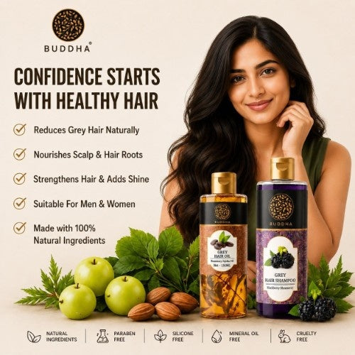 Buddha Natural -Anti Grey Hair Oil &  Shampoo Combo- Benefits Image