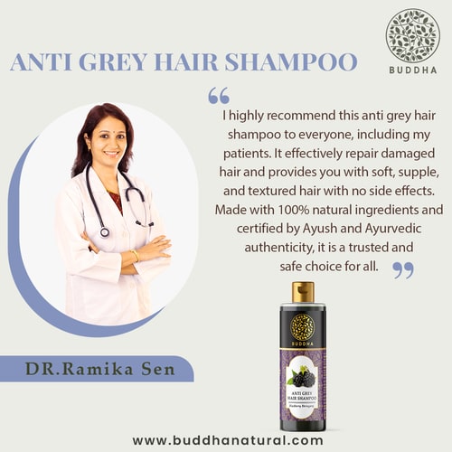 Buddha Natural Anti Grey Hair Shampoo - recommended by Dr. Ramika Sen - purple shampoo for grey hair