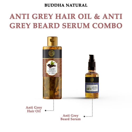 Buddha Natural Anti-Grey Hair Oil & Grey Beard Hair Serum Combo  - white beard to black beard oil - oil for turning white hair to black