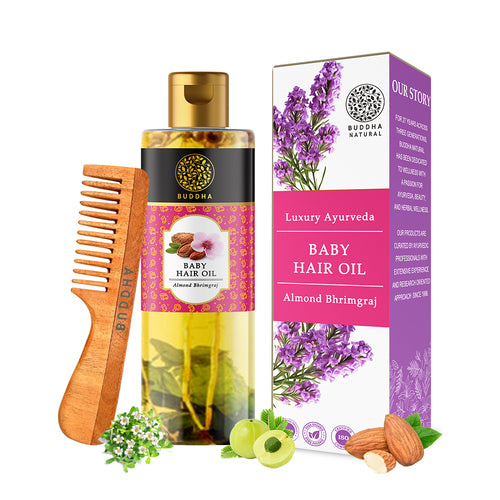 Buddha Natural Baby Hair Oil with handle neem comb