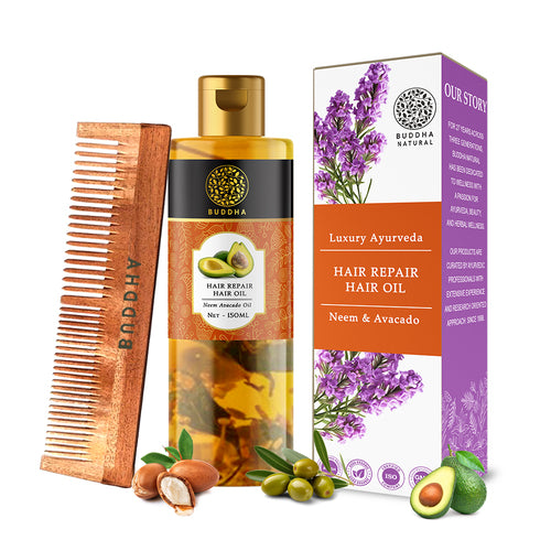 Buddha Natural Hair Repair Hair Oil + Dual Tooth Neem Kacchi Comb