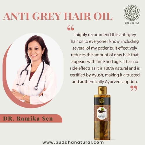 Buddha Natural Anti Grey Hair oil - recommended by Dr. Ramika Sen - hair oil to make white hair black