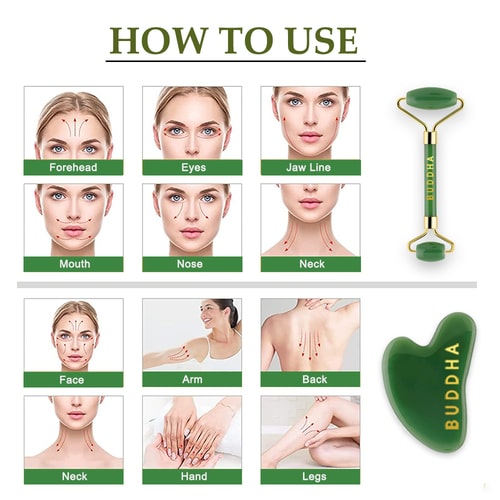 Green Jade Gua Sha & Face Roller Combo - Improved Blood Circulation, Reduced Puffiness, Stress relief & Anti-Aging Effects