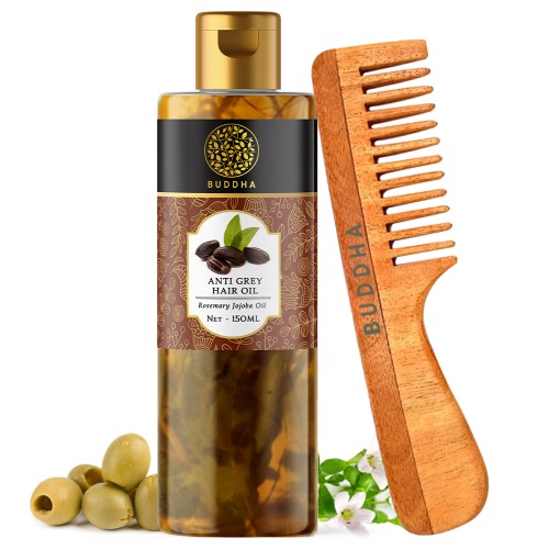 Buddha Natural Anti Grey Hair Oil + Handle Neem Kacchi Comb - white hair to black naturally permanent oil